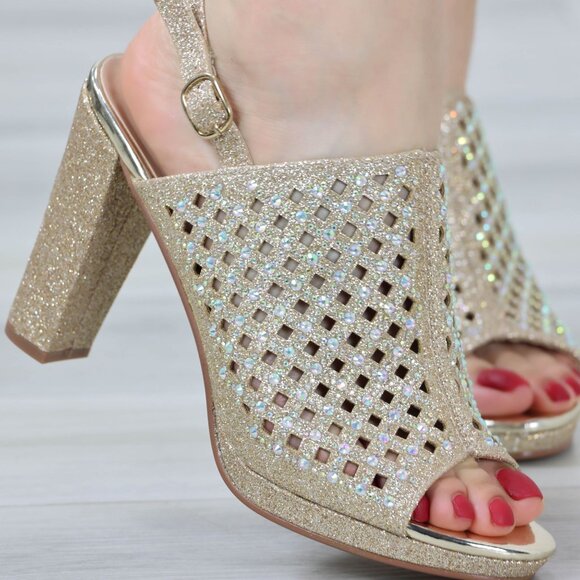 Sparkly Rhinestone Glitter Champagne Platform High Heels Open Toe Party Shoes - Picture 7 of 14